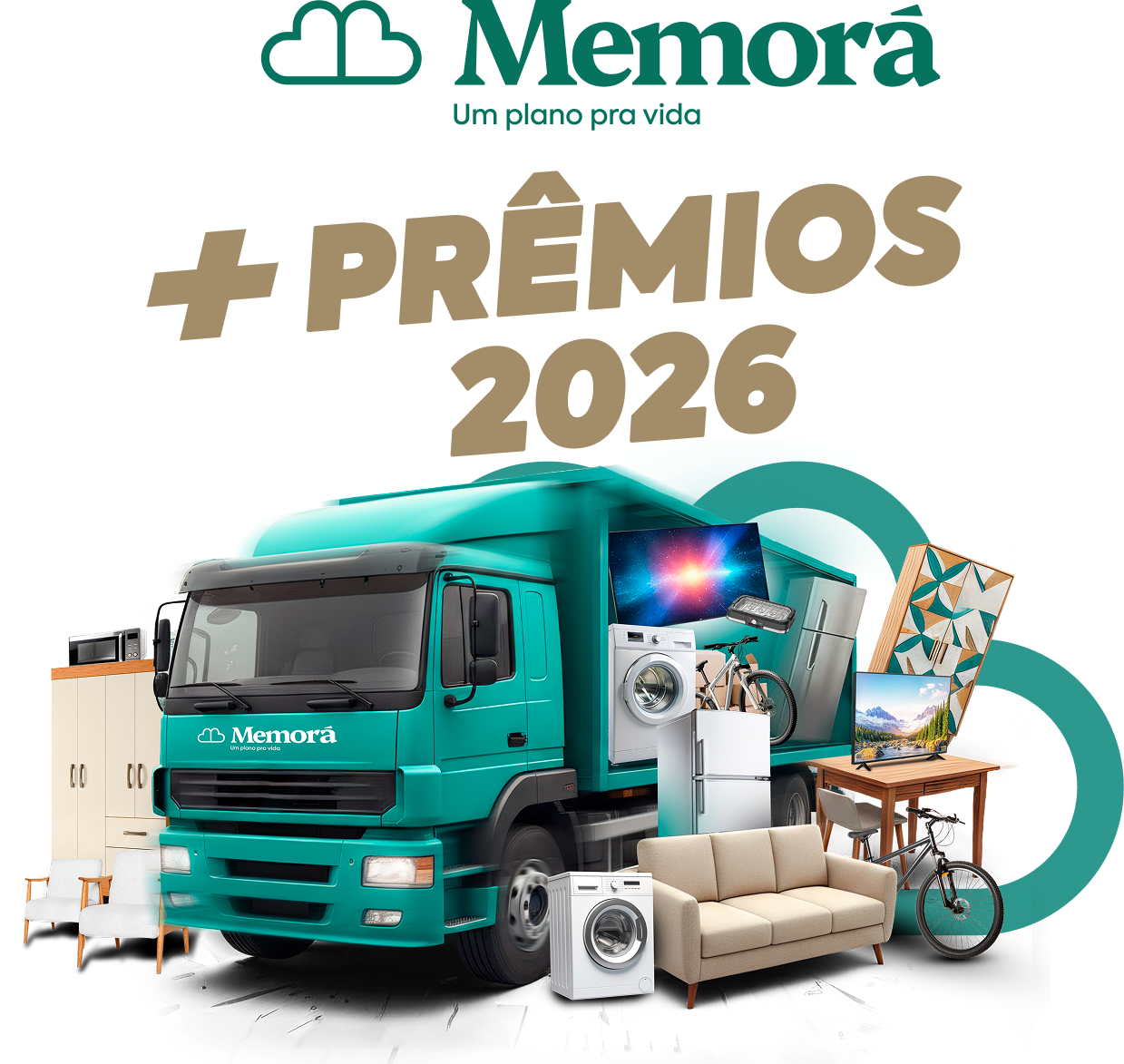 Caminhão da Memorá carregado de prêmios: TV, geladeira, lavadora, bicicleta, sofá e mais.