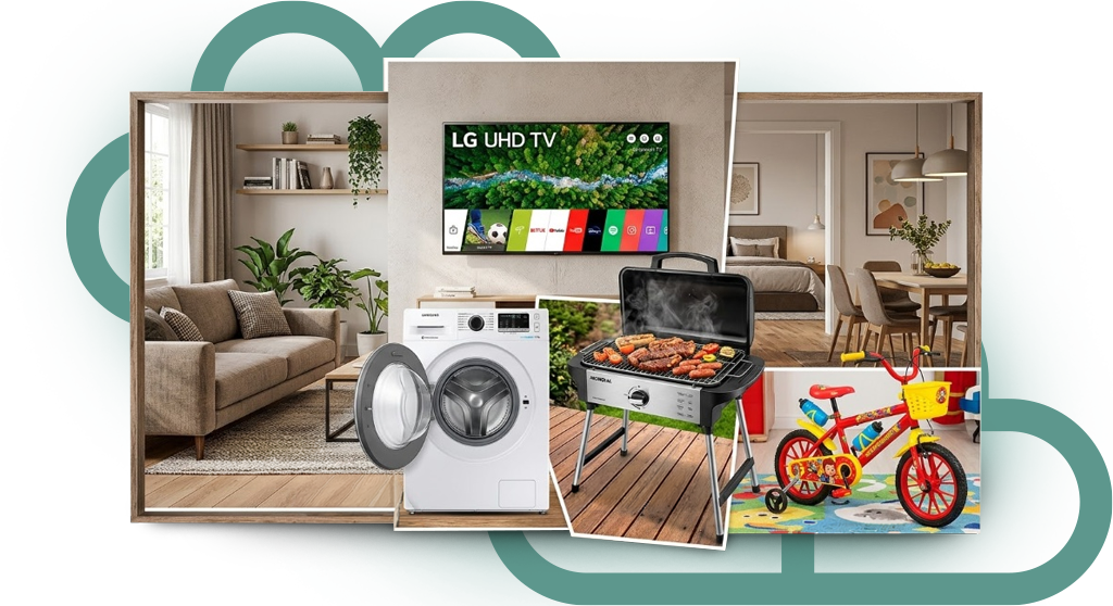 Montagem com Smart TV, lavadora, churrasqueira e bicicleta infantil.